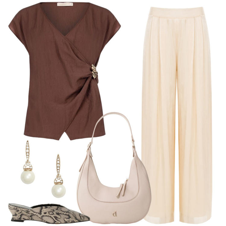 Outfit donna - La blusa gioiello. Stile Chic per Cerimonia. Abbinamento con borse a tracolla, sabot, bluse, pantaloni a palazzo, orecchini.