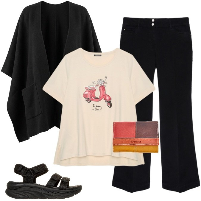 Outfit donna - Smart casual-Tempo di vacanze!. Stile Casual per Tutti i giorni. Abbinamento con cappe, t-shirt, jeans, sandali, portafogli.