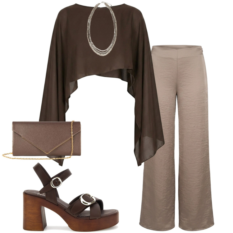 Outfit donna - Nuna lie. Stile Casual chic per Serata fuori. Abbinamento con clutch, top, pantaloni a palazzo, collane, sandali in pelle.