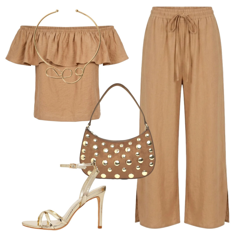 Outfit donna - Fresco chic. Stile Chic per Tutti i giorni. Abbinamento con sandali col tacco, borse a tracolla, collane, pantaloni, top.