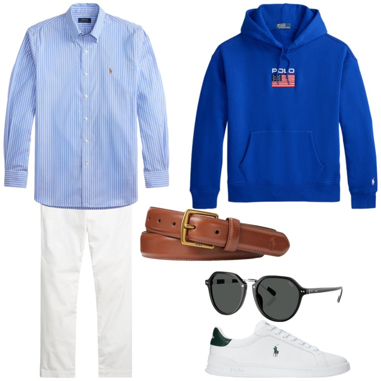 Outfit uomo - Ragazzo. Stile Casual per Tutti i giorni. Abbinamento con cinture, sneakers, camicie, occhiali da sole, pantaloni chino, felpe con cappuccio.