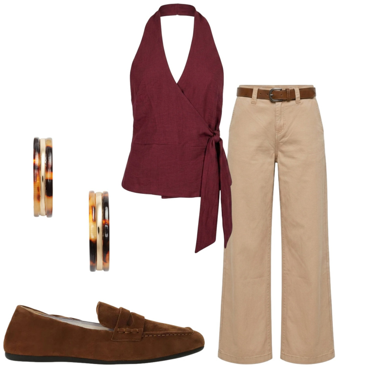 Outfit donna - In città. Stile Casual chic per Tutti i giorni. Abbinamento con mocassini, top, pantaloni, orecchini.