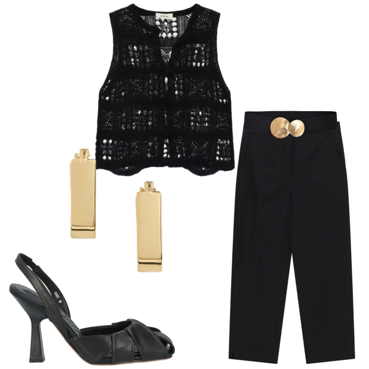 Outfit donna - Total black. Stile Casual chic per Tutti i giorni. Abbinamento con décolleté, top, pantaloni, cinture, orecchini.