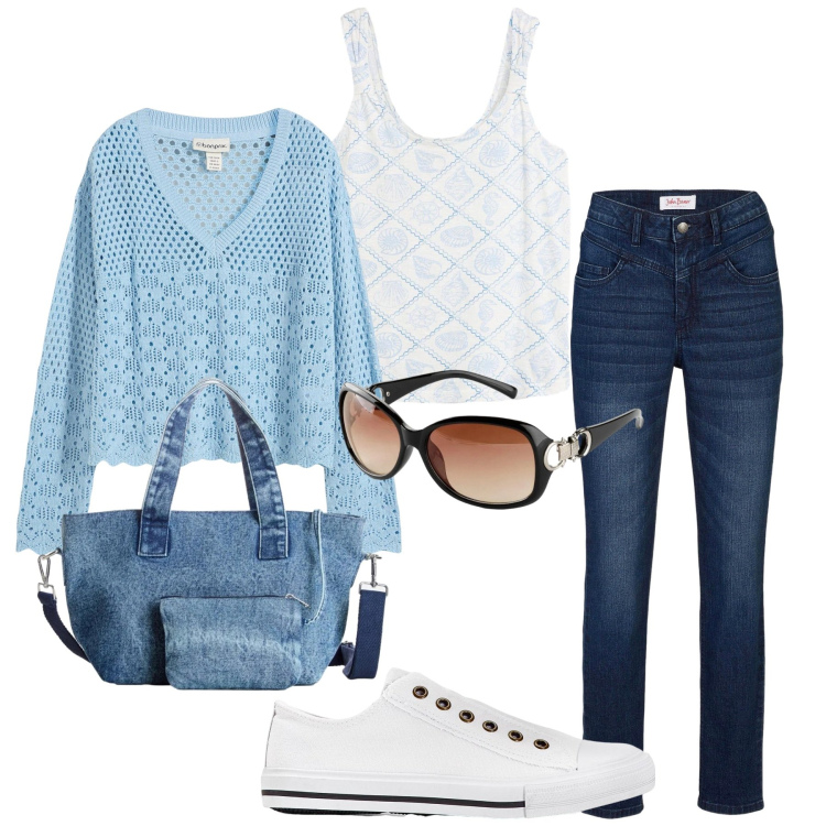 Outfit donna - Total look #2446354. Stile Basic per Tutti i giorni. Abbinamento con maglieria, borse a mano, sneakers, jeans skinny, occhiali da sole, canottiere.