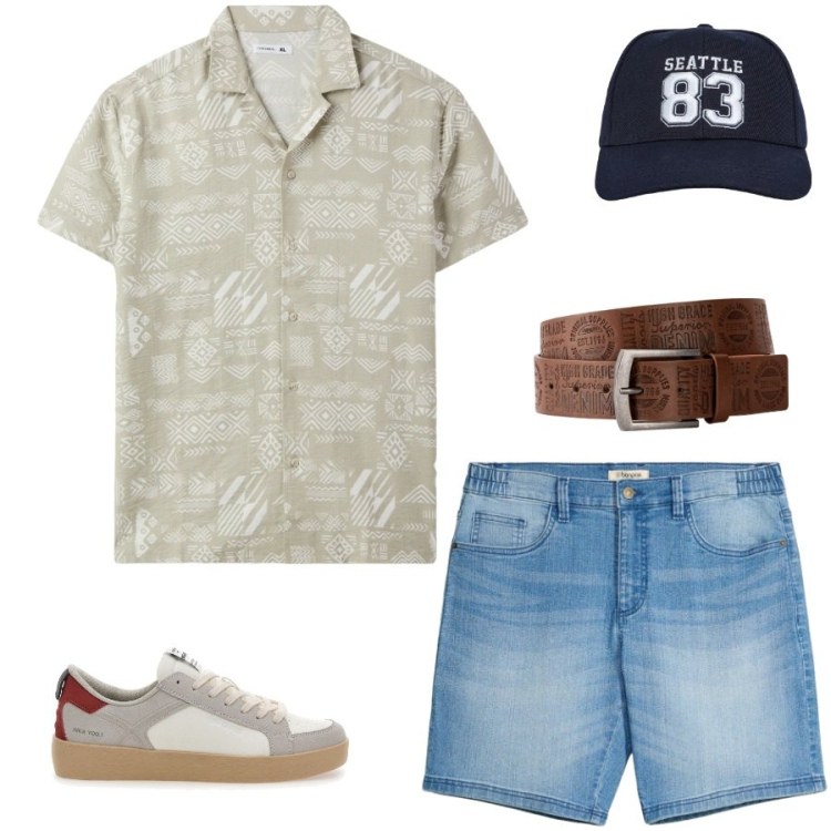 Outfit uomo - Total look #2446360. Stile Casual per Tutti i giorni. Abbinamento con shorts, cinture, cappelli con visiera, camicie a manica corta, sneakers.