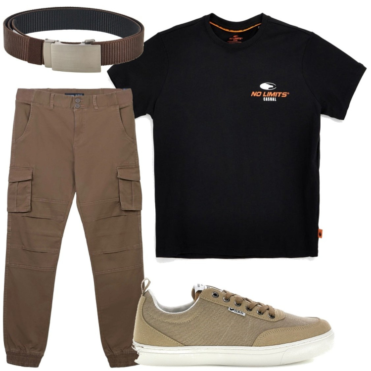 Outfit uomo - Comodità. Stile Trendy per Tutti i giorni. Abbinamento con pantaloni cargo, sneakers, t-shirt, cinture.