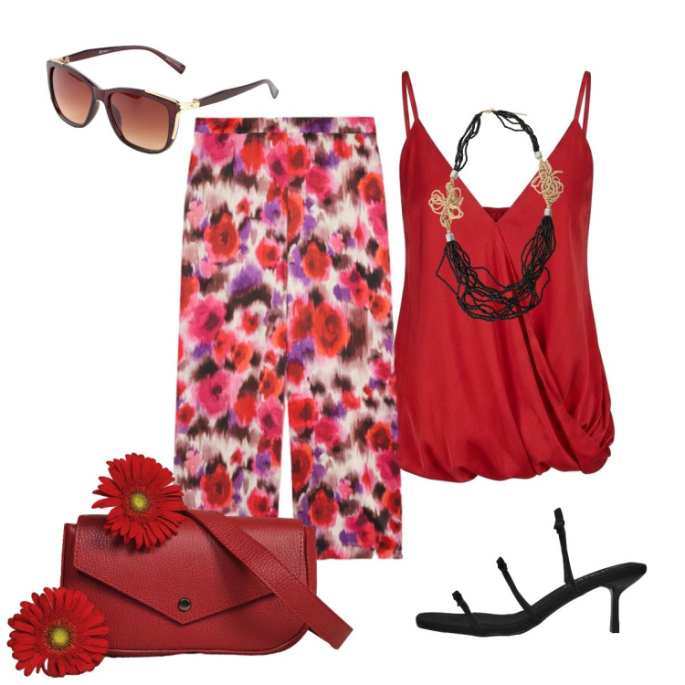 Outfit donna - Eleganza glamour in rosso. Stile Glamour per Tutti i giorni. Abbinamento con occhiali da sole, sandali col tacco, borse a tracolla, collane, top, pantaloni a palazzo.