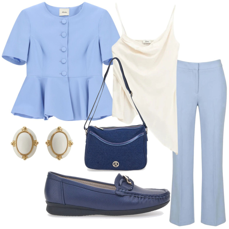 Outfit donna - Stile curato. Stile Urban per Ufficio. Abbinamento con pantaloni, top, orecchini, blazer, mocassini, borse a tracolla.