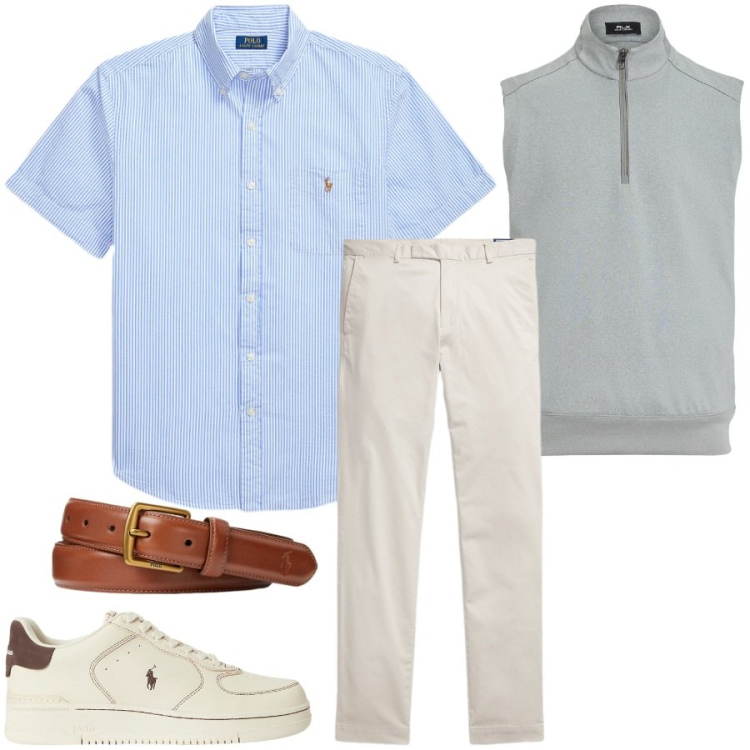 Outfit uomo - Total look #2446385. Stile Casual per Tutti i giorni. Abbinamento con cinture, sneakers, gilet, camicie a manica corta, pantaloni.