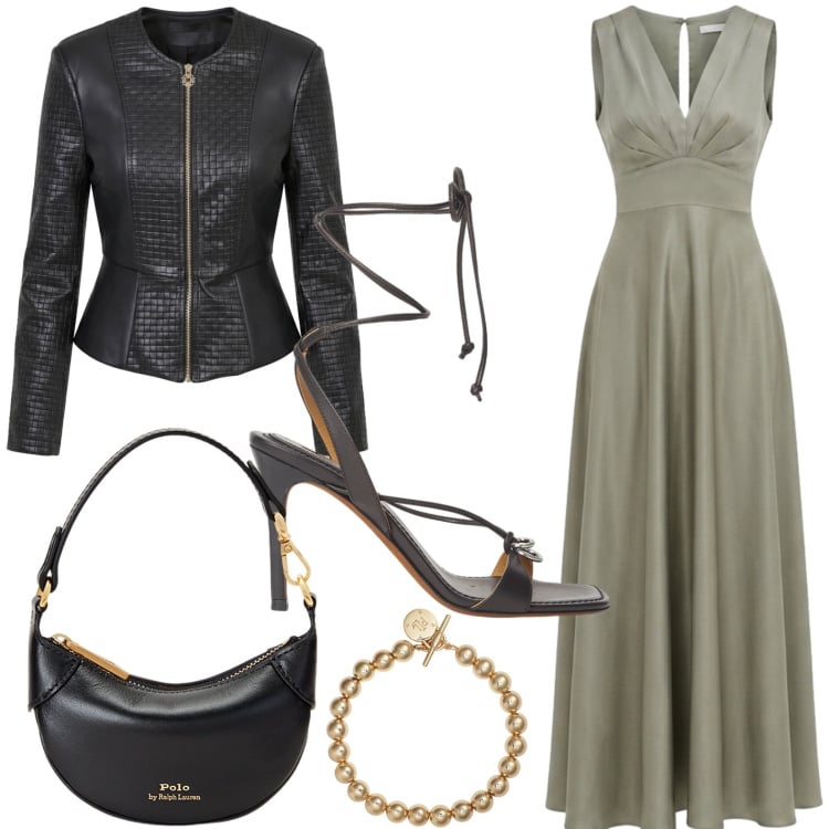 Outfit donna - Femminilità contemporanea. Stile Casual per Serata fuori. Abbinamento con vestiti lunghi, giacche, braccialetti, portafogli, sandali in pelle.