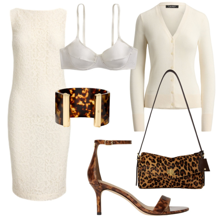 Outfit donna - Vestito crema. Stile Casual per Ufficio. Abbinamento con sandali in pelle, vestiti senza maniche, reggiseni, cardigans, borse a spalla, braccialetti.
