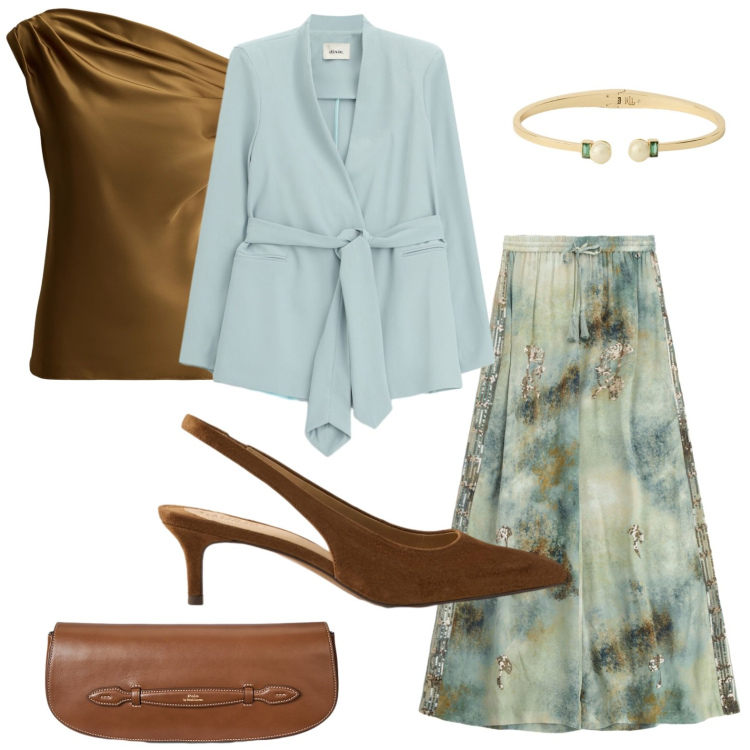 Outfit donna - Stampa astratta. Stile Casual per Ufficio. Abbinamento con pantaloni a palazzo, blazer, clutch, décolleté, top, braccialetti.