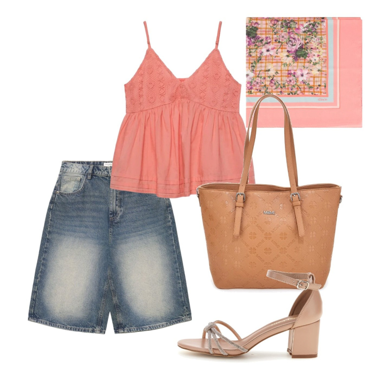 Outfit donna - Agosto. Stile Casual per Tutti i giorni. Abbinamento con canottiere, pantaloni corti, foulard, borse a tracolla, sandali col tacco.