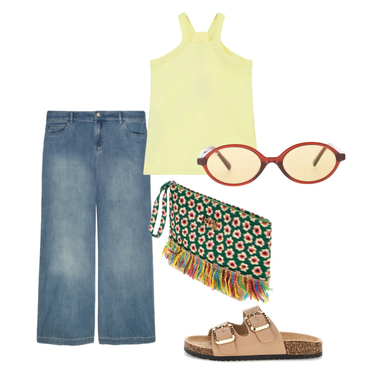 Outfit donna - Agosto. Stile Casual per Tutti i giorni. Abbinamento con occhiali da sole, top, jeans dritti, pochette, ciabatte.