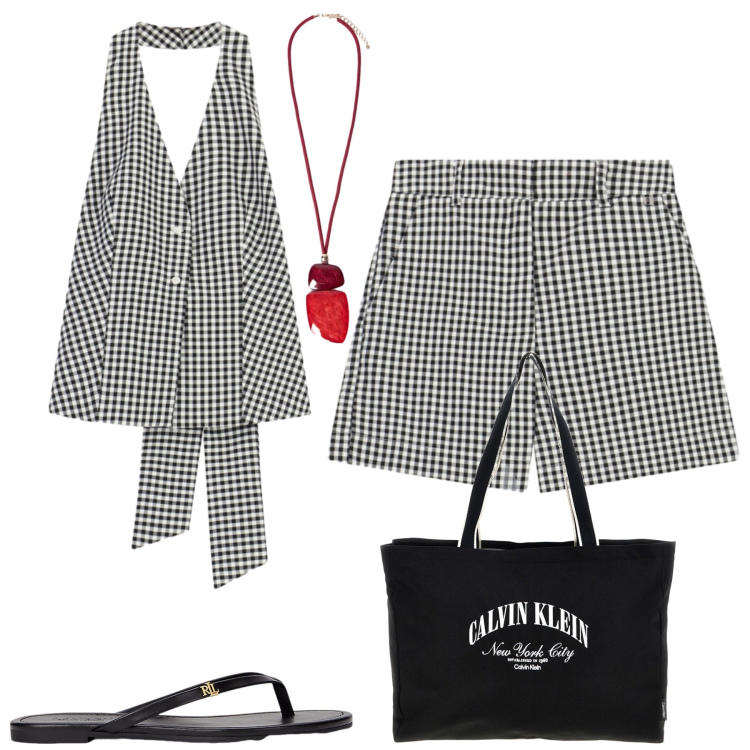 Outfit donna - Vichy. Stile Romantica per Tutti i giorni. Abbinamento con shorts, top, ciondoli, ciabatte, borse a spalla.
