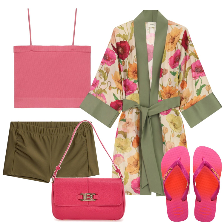 Outfit donna - Passeggiata in battigia. Stile Chic per Mare. Abbinamento con pantaloni corti, top, cappotti, borse a spalla, infradito.