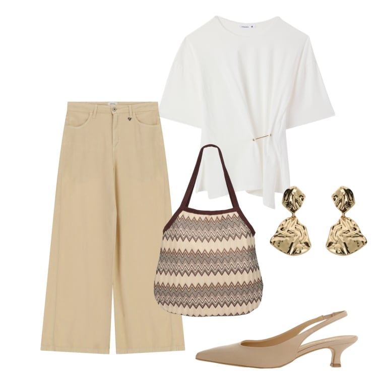 Outfit donna - Agosto. Stile Bon Ton per Ufficio. Abbinamento con t-shirt, borse tote, orecchini, décolleté, pantaloni a palazzo.