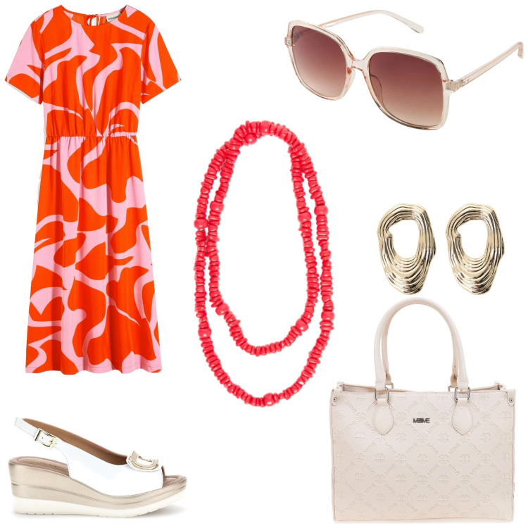 Outfit donna - Gelato amarena e panna. Stile Casual chic per Tutti i giorni. Abbinamento con vestiti midi/longuette, occhiali da sole, orecchini, collane, borse a tracolla, zeppe.