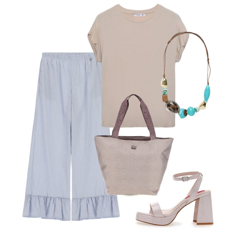 Outfit donna - Agosto. Stile Bon Ton per Tutti i giorni. Abbinamento con t-shirt, pantaloni a palazzo, collane, sandali col tacco, shopping bag.