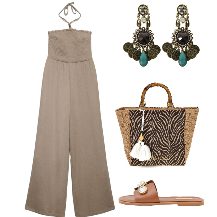 Outfit donna - Agosto. Stile Chic per Tutti i giorni. Abbinamento con tute, orecchini, sandali gioiello, borse a mano.