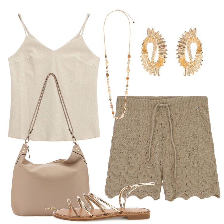 Outfit donna - In riviera. Stile Basic per Tutti i giorni. Abbinamento con shorts, orecchini, canottiere, collane, sandali, zaini.