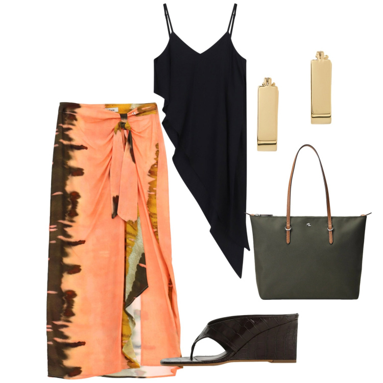 Outfit donna - Festa in spiaggia. Stile Chic per Serata fuori. Abbinamento con sandali col tacco, gonne lunghe, top, borse tote, orecchini.