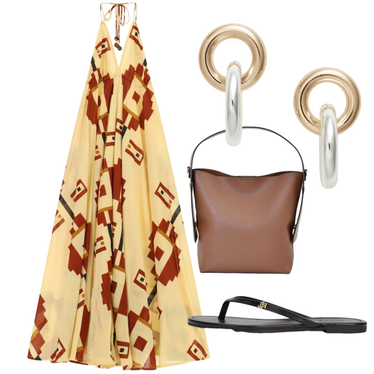 Outfit donna - Agosto. Stile Bon Ton per Tutti i giorni. Abbinamento con vestiti lunghi, borse a mano, orecchini, ciabatte.