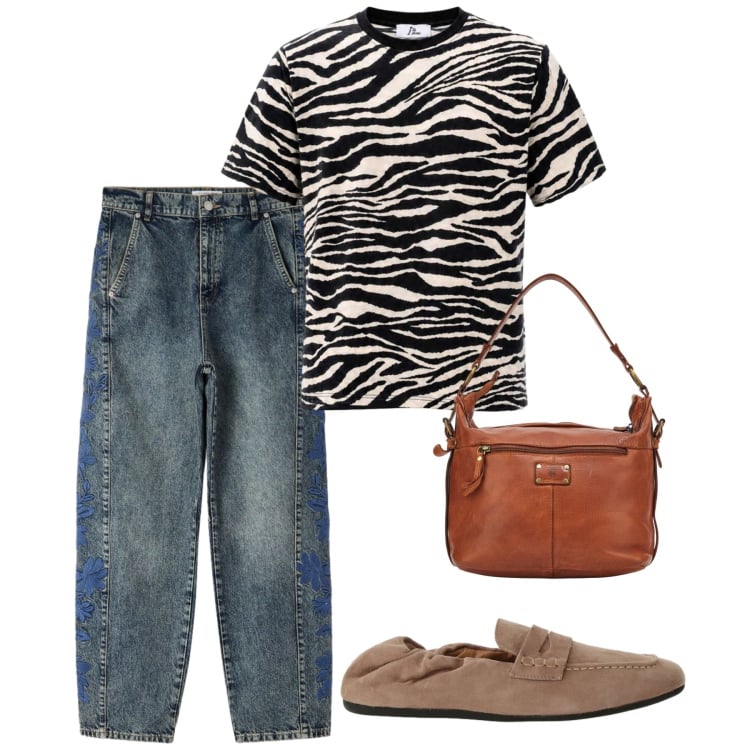 Outfit donna - In baita. Stile Casual per Tutti i giorni. Abbinamento con jeans, t-shirt, mocassini, borse a spalla.