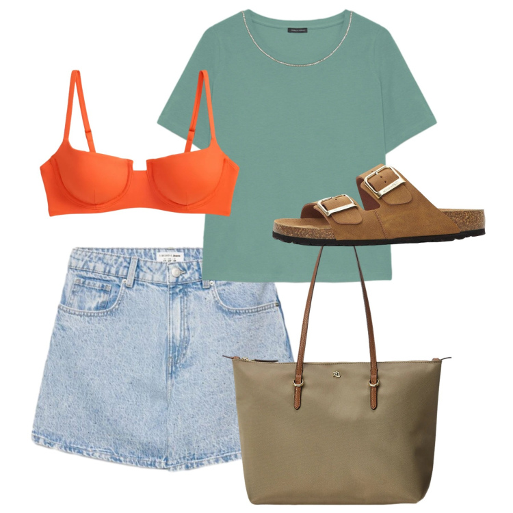 Outfit donna - Agosto. Stile Casual per Mare. Abbinamento con ciabatte, shorts, t-shirt, borse tote, bikini.