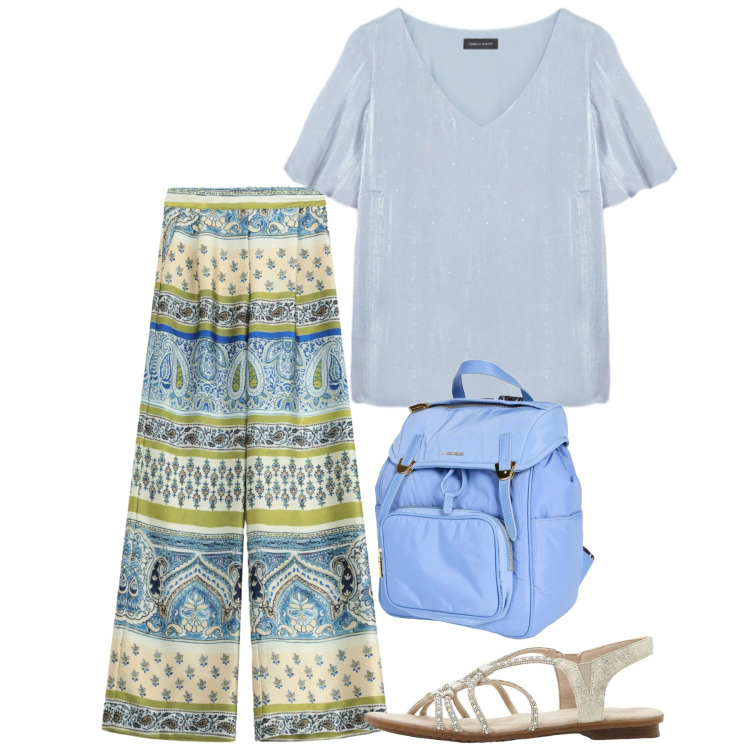 Outfit donna - Università. Stile Casual per Scuola/Università. Abbinamento con zaini, sandali, pantaloni a palazzo, bluse.