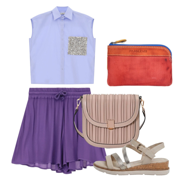 Outfit donna - Agosto. Stile Casual per Tutti i giorni. Abbinamento con sandali, minigonne, camicie, borse a tracolla, portachiavi.