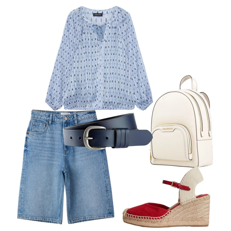 Outfit donna - Agosto. Stile Casual per Tutti i giorni. Abbinamento con zaini, cinture, bermuda, bluse, zeppe.