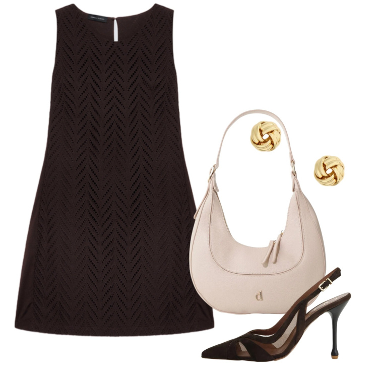 Outfit donna - Moka per la cerimonia. Stile Chic per Cerimonia. Abbinamento con borse a tracolla, décolleté, vestiti corti, orecchini.