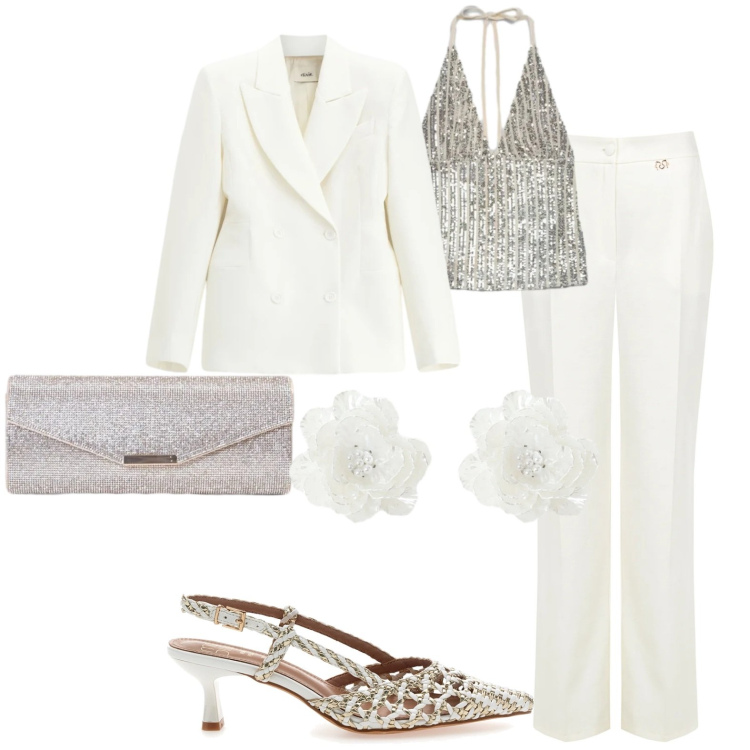 Outfit donna - Eleganza. Stile Chic per Cerimonia. Abbinamento con top, blazer, orecchini, pantaloni a palazzo, clutch, décolleté.