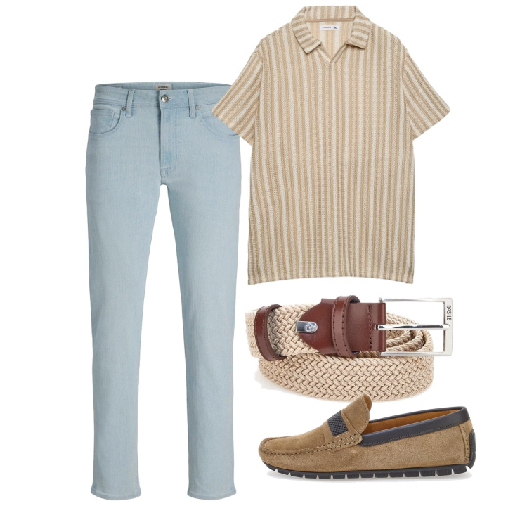 Outfit uomo - Agosto. Stile Casual per Tutti i giorni. Abbinamento con jeans slim fit, polo, scarpe stringate, cinture.