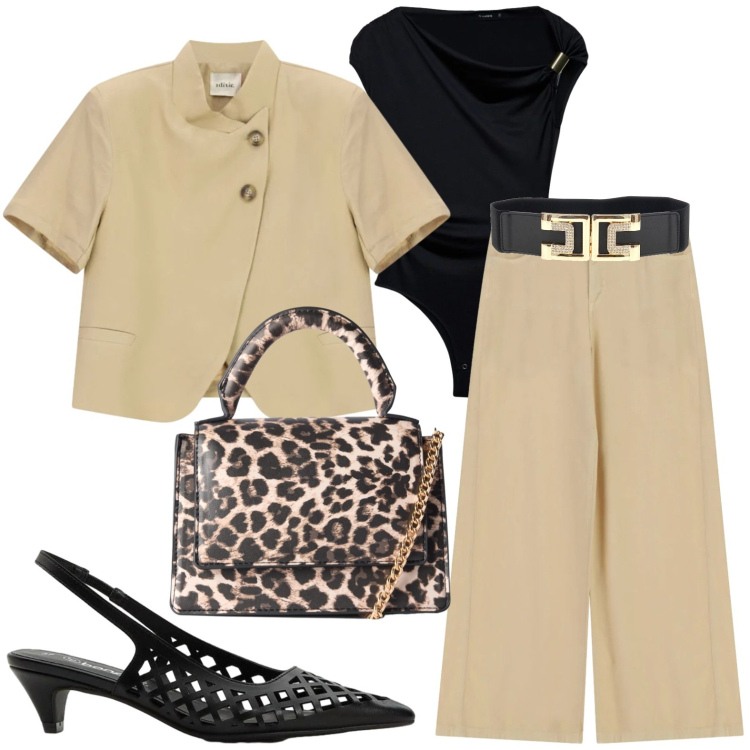 Outfit donna - Ufficio. Stile Casual chic per Ufficio. Abbinamento con décolleté, top, borse a tracolla, blazer, pantaloni a palazzo, cinture.