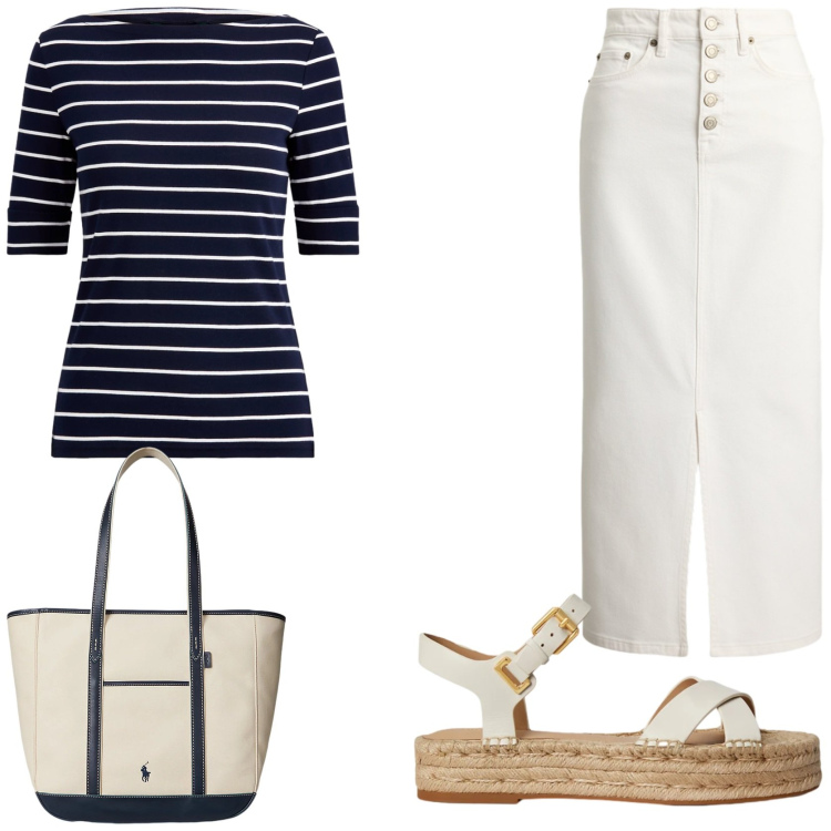 Outfit donna - Coastal style. Stile Trendy per Tutti i giorni. Abbinamento con borse tote, espadrillas, gonne lunghe, t-shirt.