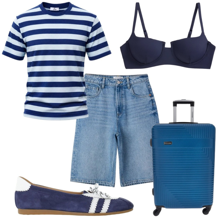 Outfit donna - Agosto: azzurro mare - a righe. Stile Trendy per Mare. Abbinamento con bermuda, t-shirt, ballerine, bikini, valigie.