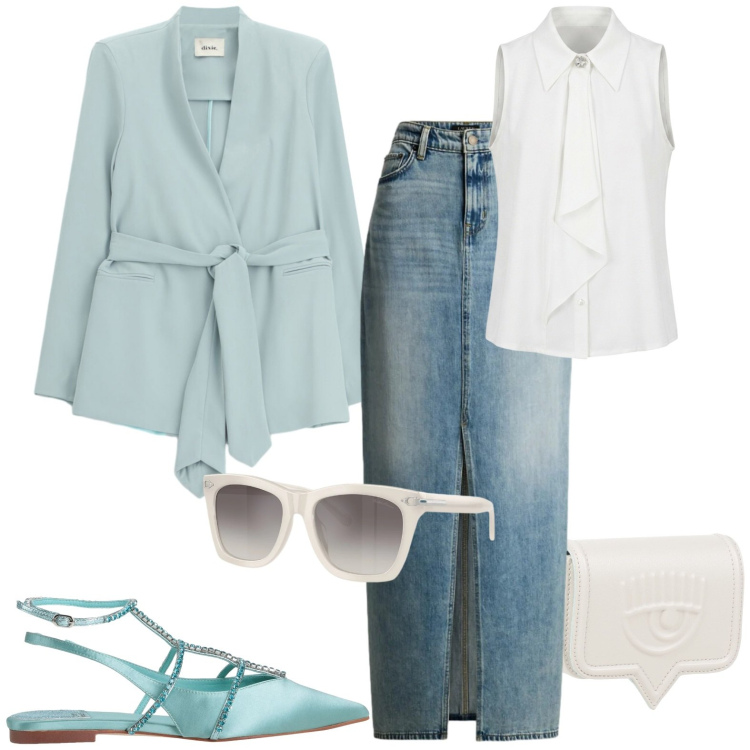 Outfit donna - Con le amiche. Stile Casual chic per Tutti i giorni. Abbinamento con ballerine, marsupi, blazer, top, gonne lunghe, occhiali da sole.