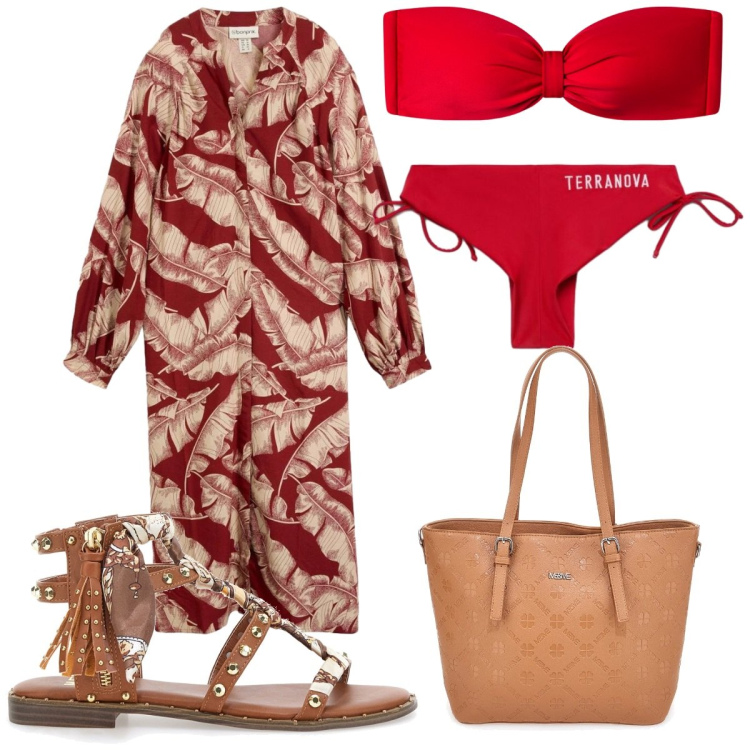 Outfit donna - Caftani e kimono leggeri sulla spiaggia. Stile Etnico per Mare. Abbinamento con caftani, bikini, bikini, borse a tracolla, sandali.