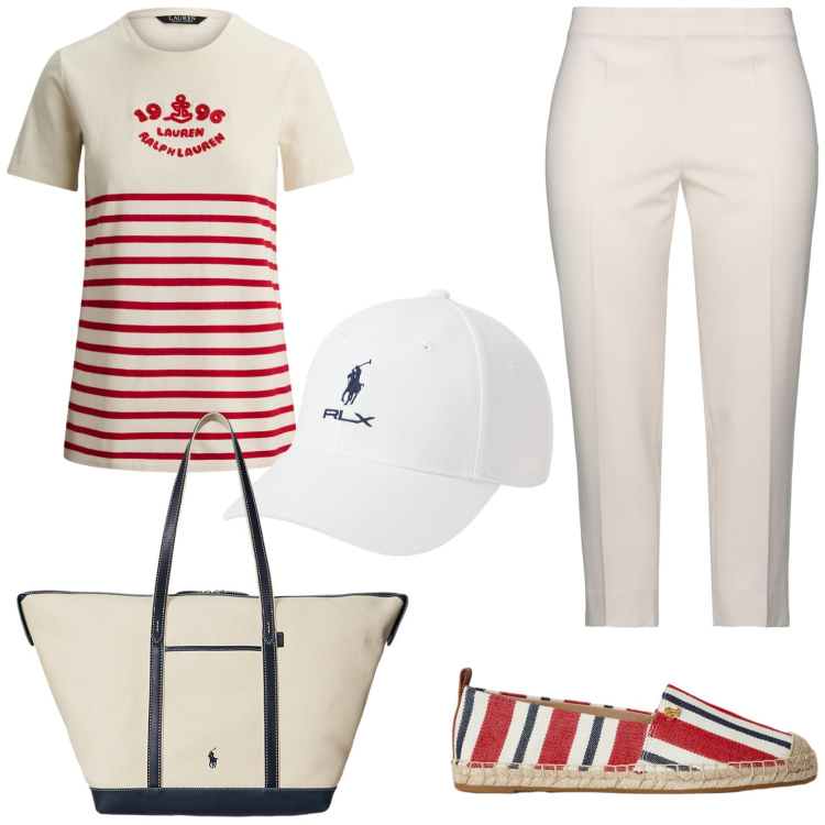 Outfit donna - Coastal style. Stile Casual chic per Tutti i giorni. Abbinamento con pantaloni, borse tote, espadrillas, t-shirt, cappelli.