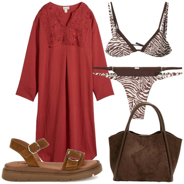 Outfit donna - Caftani e kimono leggeri e trendy. Stile Trendy per Mare. Abbinamento con caftani, bikini, bikini, borse a spalla, sandali.