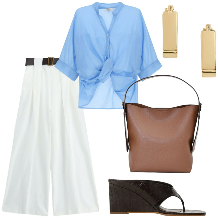 Outfit donna - Total look #2446519. Stile Minimal per Ufficio. Abbinamento con camicie, pantaloni a palazzo, sandali col tacco, borse a mano, orecchini.