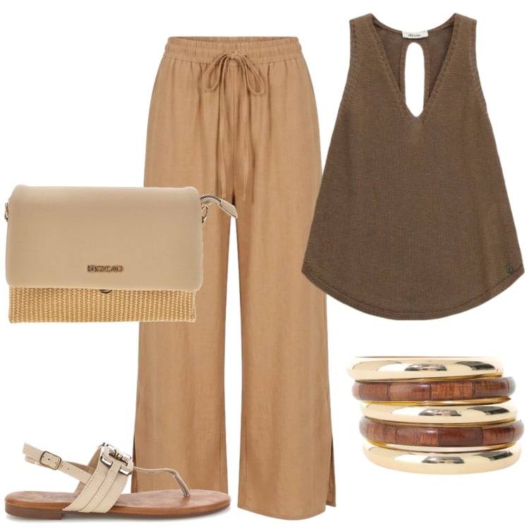 Outfit donna - Summer in the city. Stile Minimal per Tutti i giorni. Abbinamento con top, braccialetti, pantaloni, sandali, borse a spalla.
