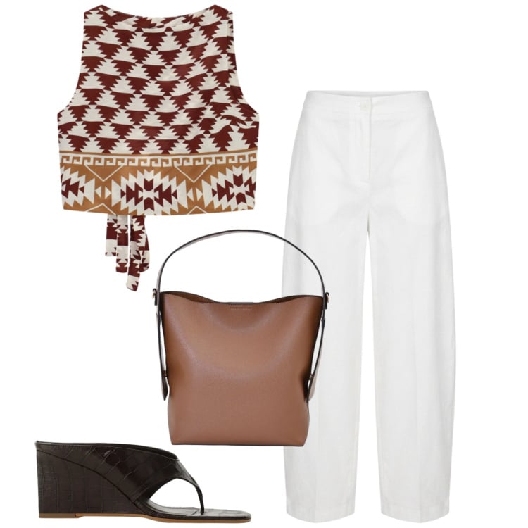 Outfit donna - Agosto. Stile Casual chic per Tutti i giorni. Abbinamento con top, sandali col tacco, borse a mano, pantaloni.