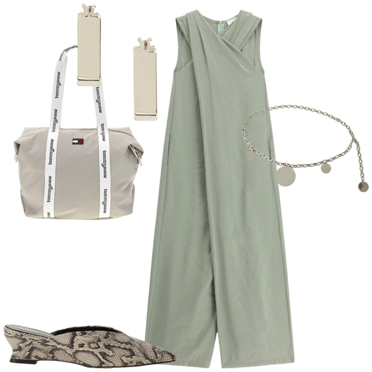 Outfit donna - Agosto. Stile Casual chic per Tutti i giorni. Abbinamento con sabot, cinture, tute, orecchini, shopping bag.