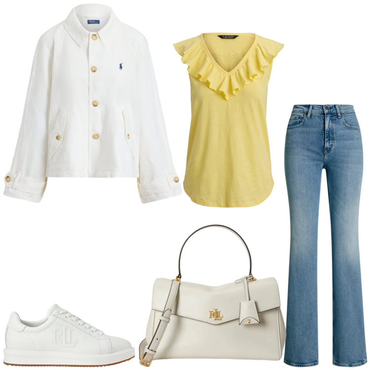 Outfit donna - Total look #2446540. Stile Casual per Tutti i giorni. Abbinamento con sneakers, jeans bootcut, top, borse a mano, blazer.