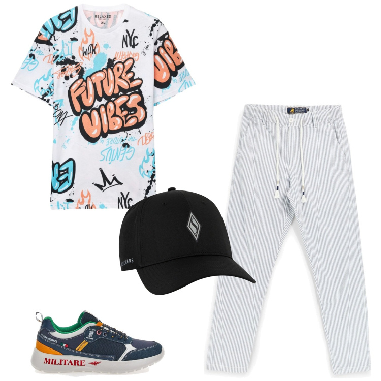 Outfit uomo - Total look #2446541. Stile Trendy per Tutti i giorni. Abbinamento con t-shirt, cappelli con visiera, sneakers, pantaloni.