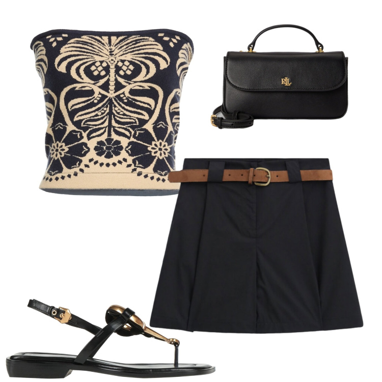 Outfit donna - Agosto. Stile Casual chic per Tutti i giorni. Abbinamento con top, infradito, shorts, portafogli.