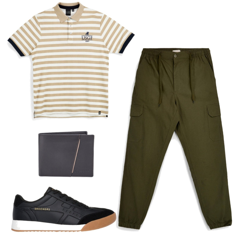 Outfit uomo - Total look #2446545. Stile Trendy per Serata speciale. Abbinamento con sneakers, portafogli, pantaloni cargo, polo.